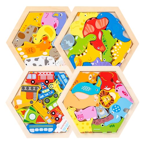 Shinse 木製パズル 型はめパズル 形合わせ かたはめ 3 4 5 6歳 子ども 幼児 モンテッソーリ 早期開発 知育玩具 指先あそび 数字・形・図形認識 男の子 女の子 おもちゃ 誕生日 クリスマス (セット2-4PCS)のサムネイル