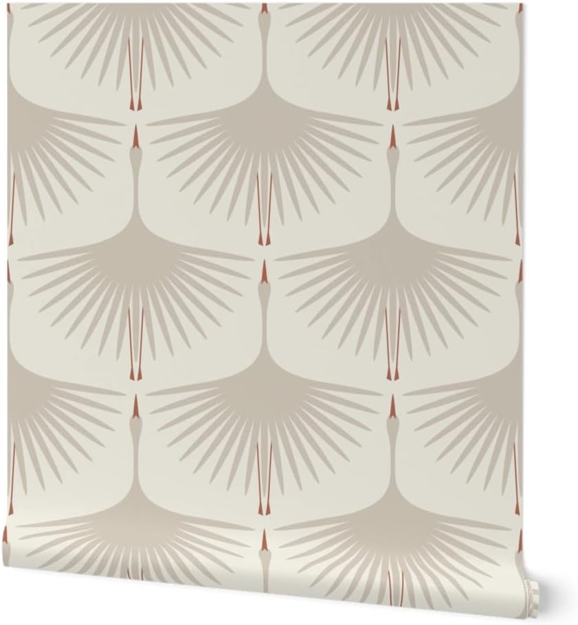 Removable Wallpaper 3ft x 2ft - Art Deco Neutral Traditional Alabaster Jumbo Scale Beige Natural Wingspan Feathers Flying Custom Pre-Pasted Wallpaper by Spoonflower