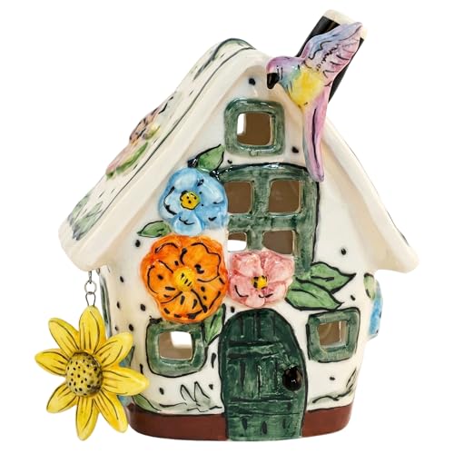 Blue Sky Clayworks Wildflower Small Manor Candle House Ceramic 6 x 5 x 5 Hummingbird & Daisy Storybook Glow