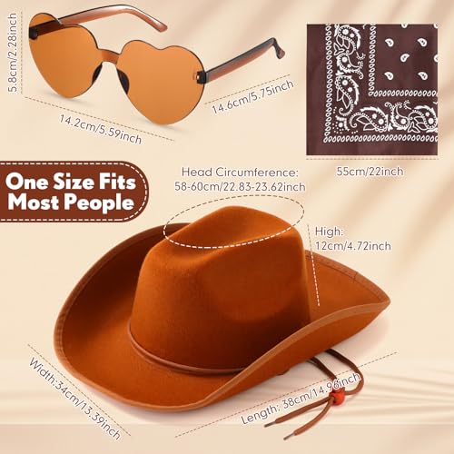 Image of Coume 6 Sets Cowboy Hat with Heart Sunglasses and Paisley Bandanas Western Cowgirl Hat for Cosplay Costume Adults(Pink,Brown)