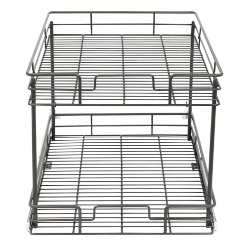Pull Out Cabinet Organizer, 2 Tier Pull Out Drawers for Kitchen Cabinets, Double Tier Wire Basket Slide Out Shelf for Base Cabinet Organization ?in Kitchen, Bathroom, Gray (16.5