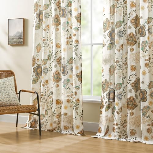 Image of XiDi Linen Vintage Floral Curtains 63 inch Length 2 Panels Set for Living Room Back Tab Rod Pocket Neutral Farmhouse Cottage Light Filtering Bedroom Curtains Pretty Flower Patterned Linen Drapes 52x63