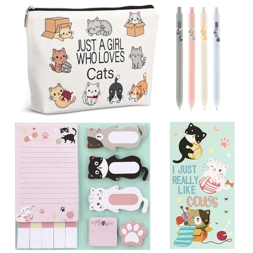 6 Pcs Cute Cat Stationery Set Pens Sticky Notes Makeup Bag Pencil Pouch for Girls Women Cat Lovers Christmas Gifts School Office Supplies