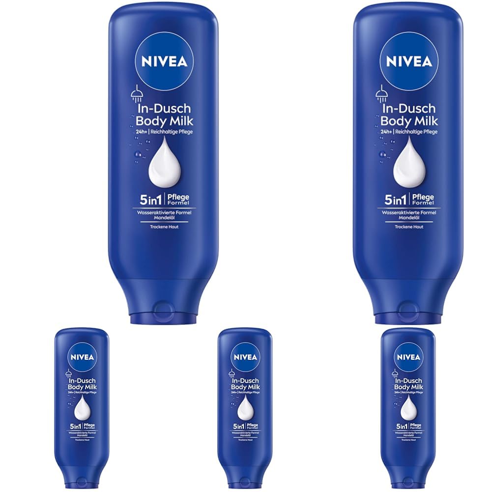NIVEA In-Dusch Body Milk (400 ml), Körpercreme mit Mandel-Öl und wasseraktivierter 5in1 Pflege Formel, feuchtigkeitsspendende Body Lotion für die Dusche (Packung mit 5)