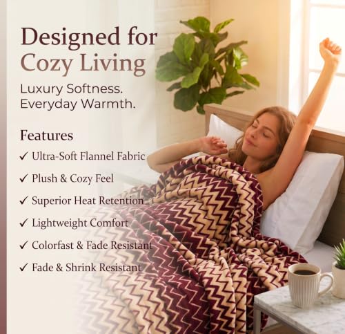 Image of SANMARINO Premium 300 GSM Double Bed Flannel Blanket | Ultra Soft Zig Zag Plush Blanket | All Season Lightweight & Cozy | AC Blanket for Bed, Sofa, Couch, Travel & Camping | 220x230 cm,Burgundy