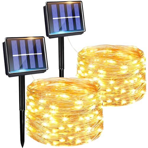 Cadena de luces solares para exteriores, 2 × 7 m, 50 LED, alambre de cobre, cadena de luces solares para exteriores, jardín, cadena de luces solares, resistente al agua, iluminación solar para