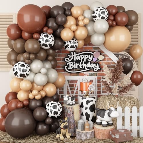 Image of Cow Balloons Garland Arch Kit, 118pcs Brown Apricot Balloons Arch Kit 18 /12 /10 /5 inch Brown Nude Tan White Latex Balloons for Woodland Cow Farm Theme Party Cowboy Birthday Baby Shower Decoration