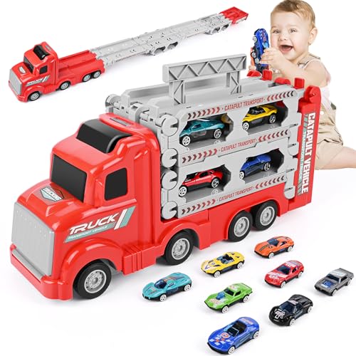 Weinsamkeit Camion Juguetes para Niños 3 4 5 Años, Eyección Pista de Carreras Parking Coches Juguete con 8 Metal Coches, Camión de Transporte, Camiones de Juguete para Niños 3 4 5 Años
