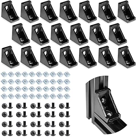 20Sets Black Corner Brackets,(20×28) 2020 Aluminum Extrusion Profile Angle Corner Brackets,Box-Packed Corner Bracket and Screws,Use for 6MM T-Slot CNC DIY 3D Printer and Industrial Bracket Making Cover