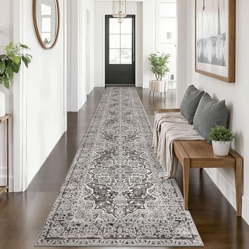 KUTA Vintage Medallion Washable Runner Rug 2.6x14, Non-Slip Hallway Kitchen Rugs Tan Grey with Rubber Backing, Ultra Soft Printed Floral Extra Long 14ft Carpet Runners Indoor for Stairs