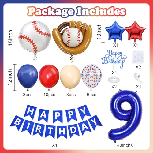 Image of Baseball 9th Birthday Decorations for Boys,9th Party Balloon Navy Blue Red | 40-Inch Number 9 Baseball Glove Foil Balloons Cake Topper Sport Party Supplies for Kids