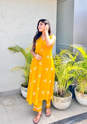 Image of MOKOSH Women's Cotton Embroidered & Hand Work Kurta Pant Set | Co-ords Set | Embroidery & Hand Work | Indian Kurta Outfit With Pant |2 Piece Outfit | V Neck Sleeveless