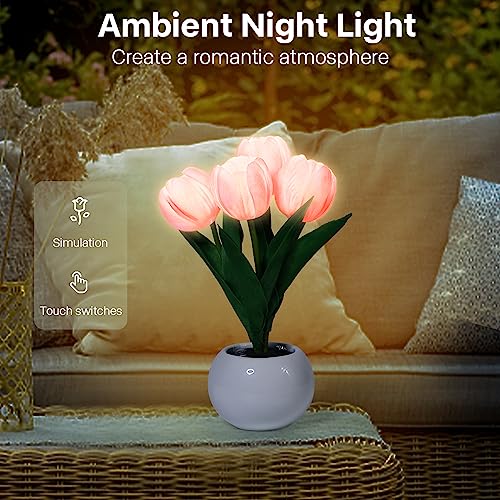 Desk Lamp,Tulip Night Light Led Simulation Flower Lamp,Fake Bouquet 4 Heads Ceramic Vase Table Lamp,Bedside Lamps For Bedroom And Home Decor,Wedding Party Christmas Birthday Gift For Women Girls Kids #TOP6