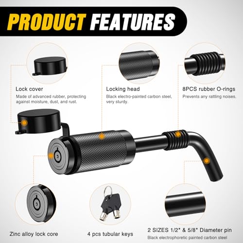 Image of Nilight Trailer Hitch Lock Pin 1 /2 inch & 5 /8 inch Locking Receiver Hitch Pin Keyed Unique Weatherproof Anti-Theft Lockable Fits 2 inch 2-1 /2 inch & 1-1 /4 inchReceiver Tow Truck Boat Bike Truck Black