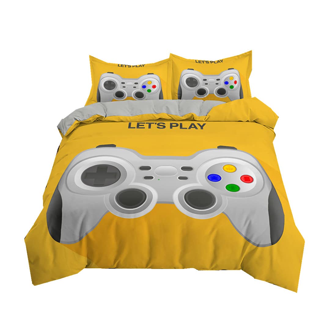 Peihuodan Boys Yellow Gaming Duvet Cover Set Teenager Cartoon Gamepad Graffiti Bedding Microfiber Modern Creative Game Control Button Video Gamer Pattern For Children Quilt Cover (,Single 135X200 Cm)