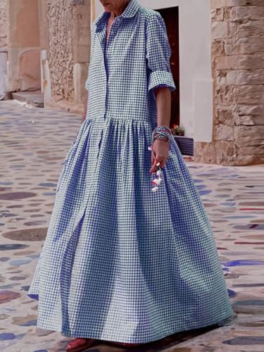 Image of chouyatou Women's Retro Plaid Button Down Maxi Shirt Dress Long Sleeve Button Up Gingham Swing Long Dress