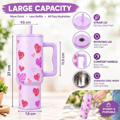 Image of CYNVEXA Tumbler with lid and Straw 1200ML Cup Stainless Steel Vacuum Insulated Tumbler for Water, Iced Tea or Coffee 1.2L Office Gym Travelling (Purple Heart)