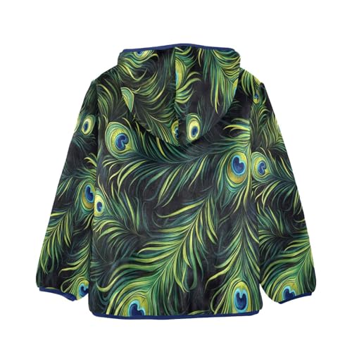Watercolor Peacock Feathers Toddler Fleece Jacket Girl Boys Hooded Fleece Jacket Coat Warm Outwear Zip-up 3-10T2