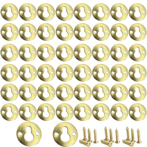 Image of 50 Pcs Round Keyhole Hangers Metal Keyhole Hanger with 100 Pieces Mounting Screws Keyhole Hanger for Mirror Picture Frames（Golden）