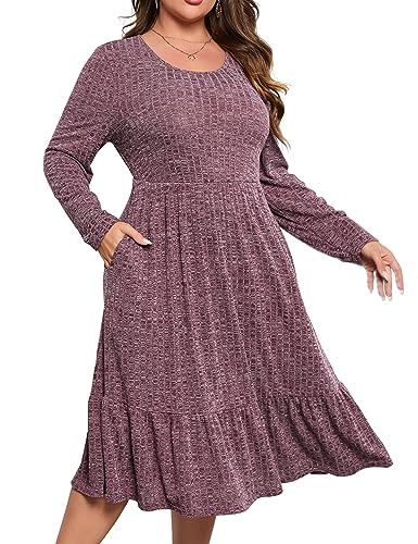 Image of ShopWonder Womens Plus Size Ribbed Knit Sweater Dress Long Sleeve Stretchy Comfy Casual Fall Dress with Pockets