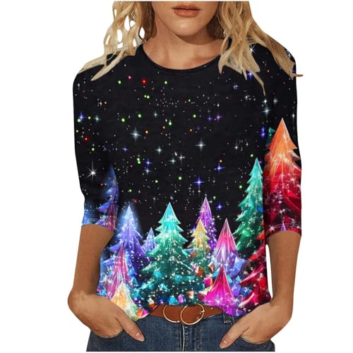 Christmas T Shirts for Women 3/4 Sleeve Shirts Plus Size Tunic Tops to Wear with Leggings Ladies Casual Dressy Blouse Crewneck Christmas Jumpers Cute Xmas Holiday Pullover Tops