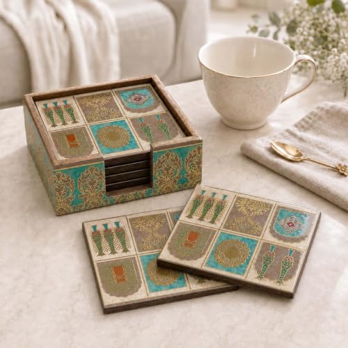 Image of The Earth Store Premium Mughal Heritage Wooden Coaster Set of 6 with Matching Holder - Engineered Wood with Resin Art Wooden Coaster | Tea Coaster Set of 6 | Square Coaster Set for Dining Table