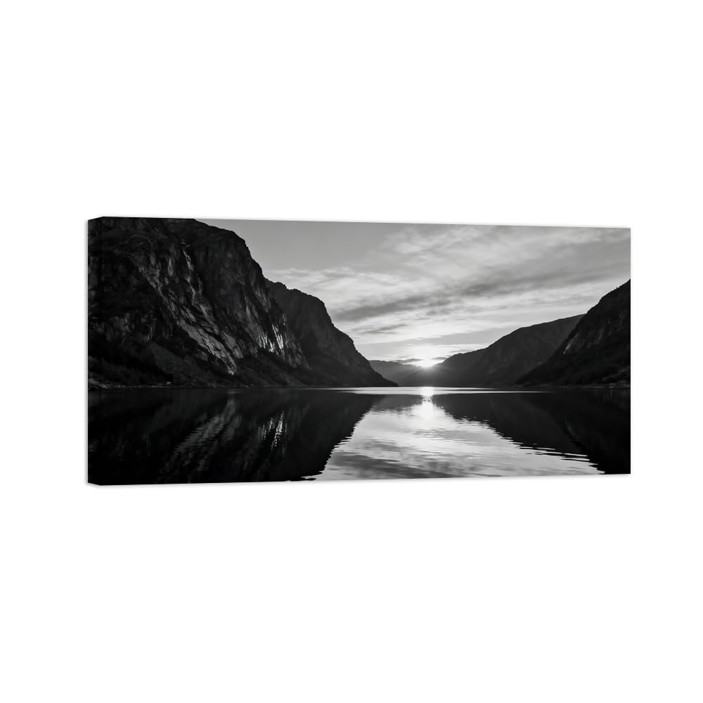 Black White Landscape Wall Art. Mountain Lake 4. Picture 30x60cm Unframed