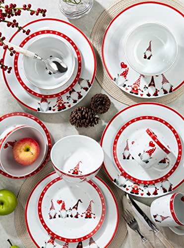 16 Piece Red & White Nordic Gnome Christmas Dinnerware Set  4X 26cm Dinner Plates, 4X 19cm Side Plates & 4X 14cm Bowls & 4X Mugs - Dishwasher & Microwave Safe Porcelain Dining Set for 4 People
