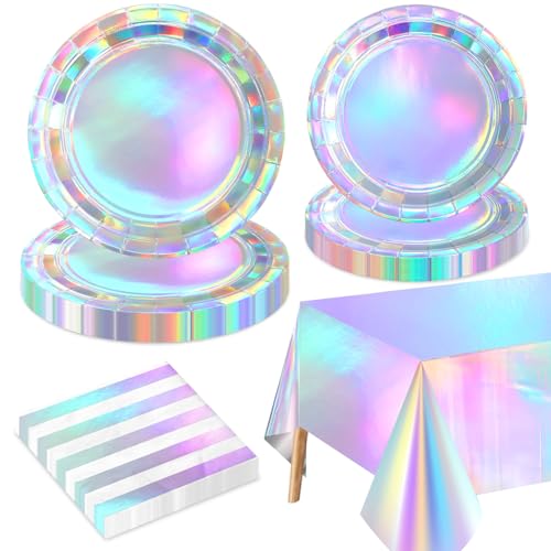 Decoraciones de fiesta iridiscentes para 20 invitados, incluye platos de papel holográficos,...