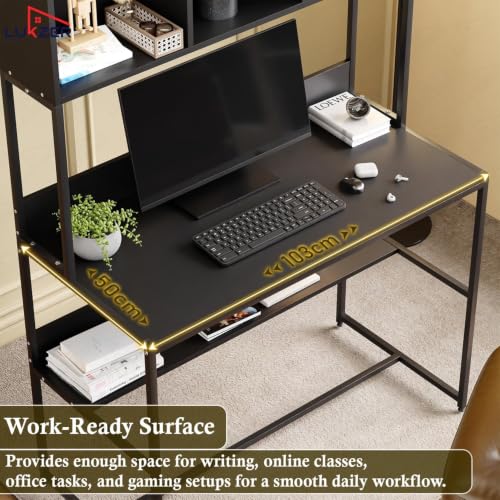Image of Lukzer Wooden Study Table with Bookshelf & Hutch | MST-011 /Black & Black | Engineered Wood & Metal Office Desk with 3 Storage Shelf for Home | Writing & Computer Table for Laptop (105x103x50 cm)