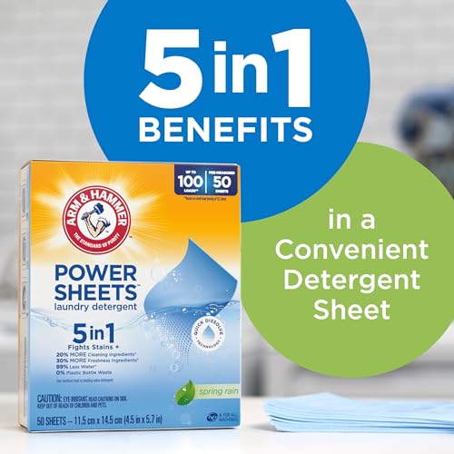 Image of ARM & HAMMER 5-in-1 Power Sheets Laundry Detergent, Spring Rain, 50 Count, up to 100 Small Loads