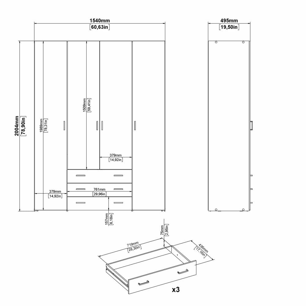 Arredo Stock Armadio 4 ante e 3 cassetti bianco, 154X49,5X200,4H