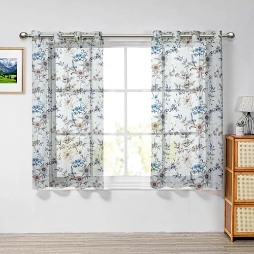 Cortina Linen Printed Sheer Curtain Set of 2 Eyelet Ring Hanging,...