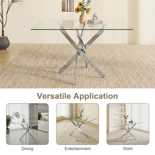 Image of 5 Piece Glass Dining Table Set for 4, Modern Tempered Glass Top Kitchen Table and Chairs Set, 4 Upholstered Chairs, Space-Saving Small Apartment Dining Set, Silver & White