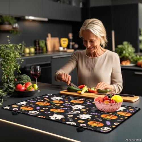 Image of Electric Stove Top Covers Heat Resistant Glass Ceramic Cooktop Cover Mat, Halloween 2026 Kitchen Decor Scratch Resistant Flat Top Stove Cover, 29 x 21 Inch, Ghost Pumpkin Skull Candy Print