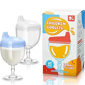 Irenare 2 Pcs Baby Wine Sippy Cup Plastic Goblet Cup No Spill Wine Glass Sippy Cup Baby Goblet Cup Baby Sippy Cup Wine Glass Beverage Mug Milk Bottle with Lid for Kids on Birthday Party (Blue, White)
