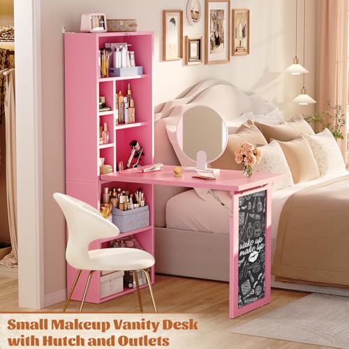 Image of Armocity Small Folding Desk with Outlets, Convertible Writing Desk for Small Spaces /Craft Room, Multi-Function Desk Workstation, Fold-Out Cabinet Table, Pink