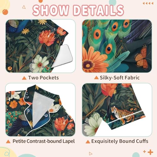 senya Peacock and Tiger Satin Summer Pajama Sets Silk Short Sleeve Button Down Sleepwear3