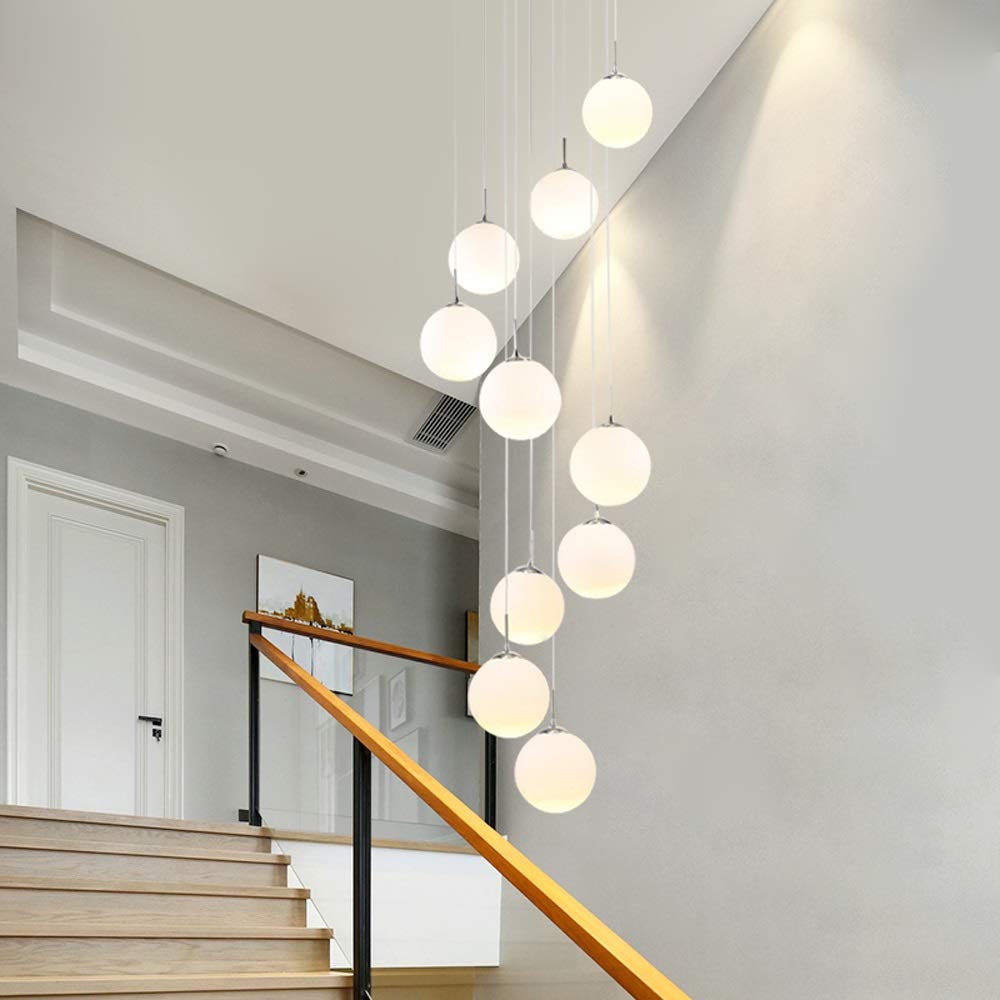 Villa Duplex Pavilion Minimalist White Glass Chandelier - Modern Stairs, Multi Glass Balls, 10 Lights