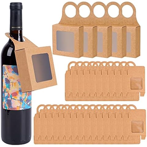 WBCBEC 30PCS Kraft Paper Wine Bottle Box with Window Hanging Foldable Wine Boxes Gift Boxes for Gifts Wine Charms Hanger Favor Boxes Empty Wine Boxes for Decoration Bottle (3.5 x 3.5 x 1.2 Inches) Cover