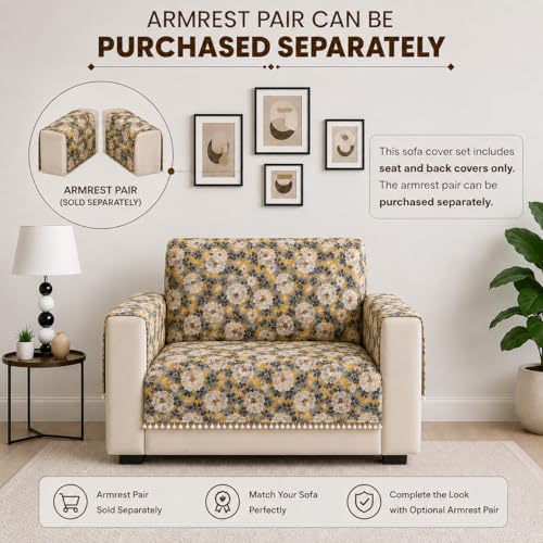 Image of Homerz Premium Printed Quilted Velvet Sofa Slip Cover Protector with Tassels, Sofa Mat, Exact Size, Antislip Cover (Antique Garden, 1 Seater, Full)