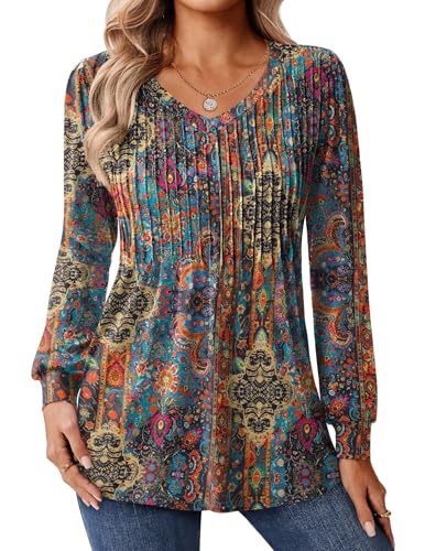Zeagoo Long Sleeve Shirts for Women Casual V Neck Top Pleated Floral Boho Blouses 2025 Fall Tunics