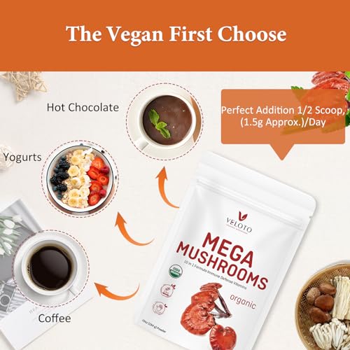 Veloto Organic Mega Mushroom Powder Blend, 10 In 1 Complex Mushroom Extract Powder Herbal Supplement With Reishi thumb #5