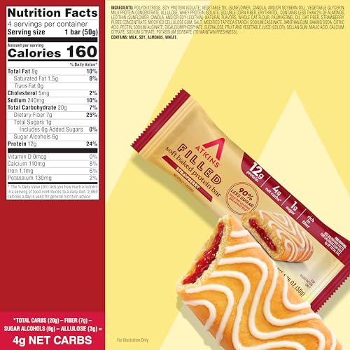 Image of Atkins Soft Baked Bar, Strawberry Filled Flavor, 12g of Protein, 4g Net Carbs, 24 Count