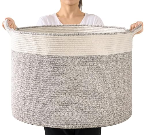 Image of miberte Large Cotton Rope Basket-Throw Blanket Storage Basket 22" x 22" x 14" for Pillows in Living Room Woven Baby Laundry Basket with Handle,Nursery Basket Soft Toy Storage Basket Brown & White