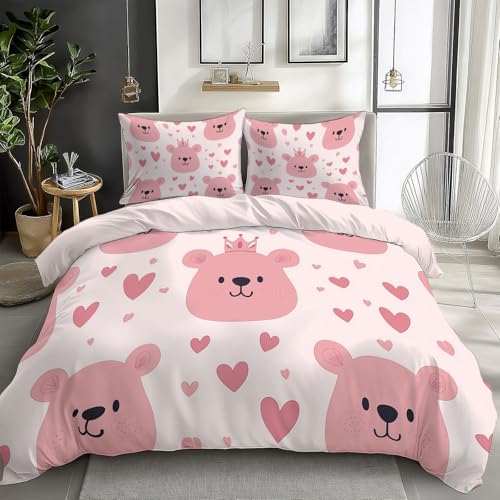 Duvet Cover King Size Pink Cartoon Bear Face Reversible 3 Pieces Duvet Cover Set, Bedding Set for All Season, Soft and Breathable Bedding Set with Zipper Closure