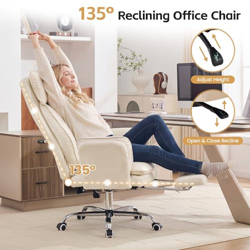 Image of Big and Tall Office Chair, Footrest & Flip Armrest for Pets, PU Beige | Executive Ergonomic Criss Cross Chair, Reclining High Back Desk Chair, Leather Swivel Computer Chair with Lumber Pillow