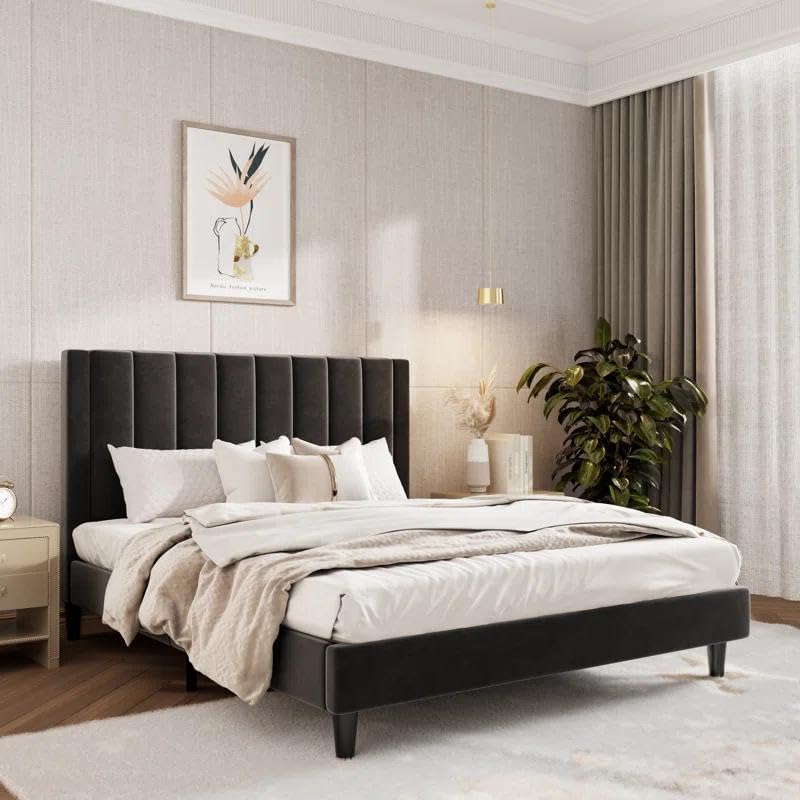 Soild Modern Upholstered Platform Bed Frame with Channel Tufted Headboard, Black Velvet, Queen Size (Black)-image-30