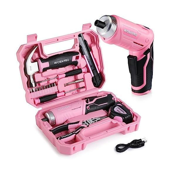 WORKPRO Werkzeugset Rosa pink 18 tlg. mit USB C Akkuschrauber klein, pinker Werkzeugkoffer gefüllt Haushalt, Werkzeugsatz für Heimwerker, Kinder, DIY Bastelei