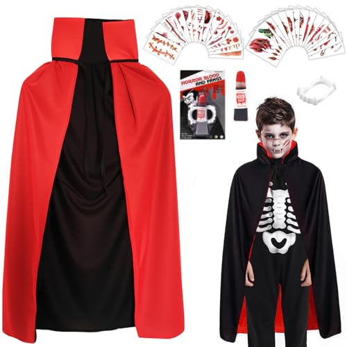 ZoneYan Capa de vampiro para crianças, dupla face Cape crianças preto vermelho Halloween, disfarce de vampiro conjunto com dentes sangue falso e autocolantes para tatuagens, capa de disfarce criança